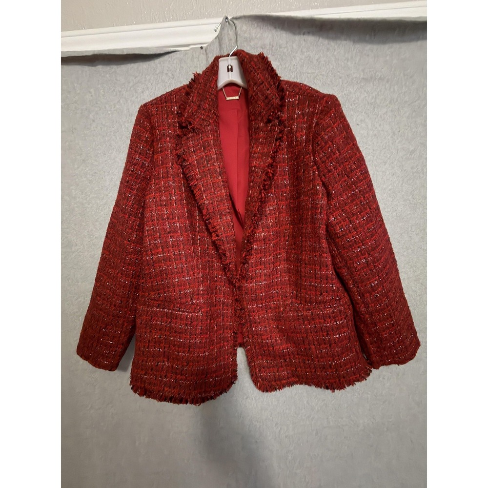Chico's Blazer Womens 3 XL Red Boucle Tweed Fringe Open Front Lined Jacket
